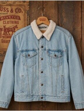 Levi's Sherpa Lined Trucker Jacket Mens Large Denim Light Wash Cotton EUC